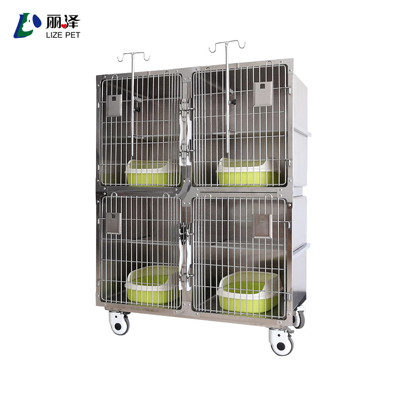 Dry pallet free grid-free stainless steel double deck 4-door veterinary cat carrier with litter box