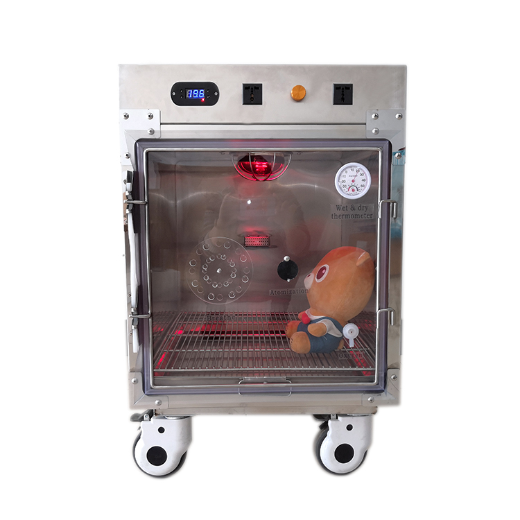 Stainless steel veterinary cage with small infrared heat lamp