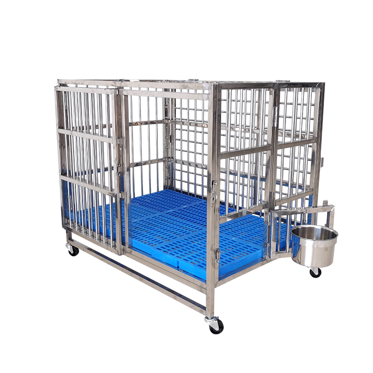 Stainless steel folding dog cage indoor and outdoor pet cage movable front door and side feeding door with steel feeder