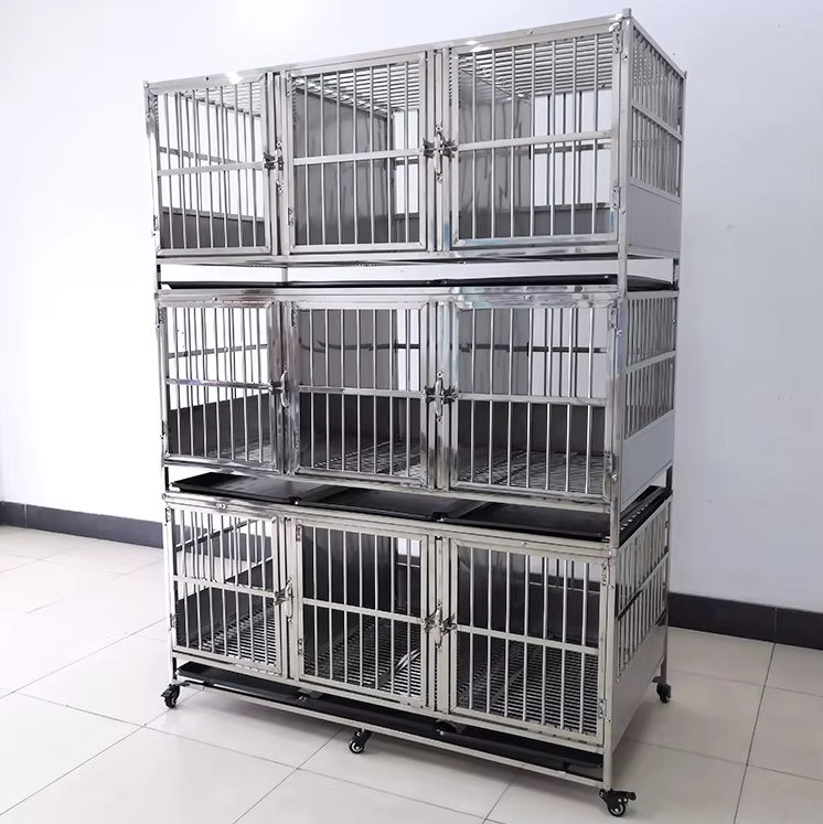 Heavy duty Large three layer 9 doors stainless steel pet cages for small pets with separator foldable pet carrier and house